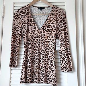 INC International Concepts Leopard Print V-Neck Knit Long Sleeve Top Size Small